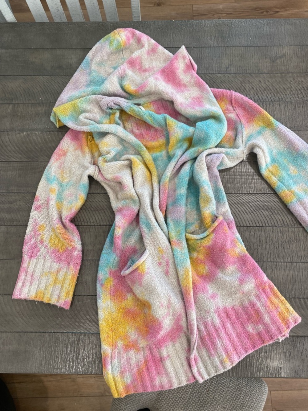 Cozy Tie-Dye Hooded Cardigan Sweater - Pastel Pink, Blue & Yellow